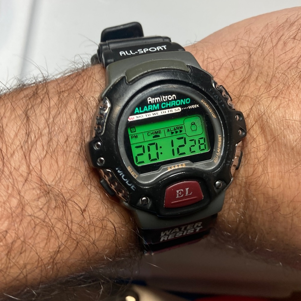 Vintage Armitron digital watch, M122, new battery, rubber strap, light works